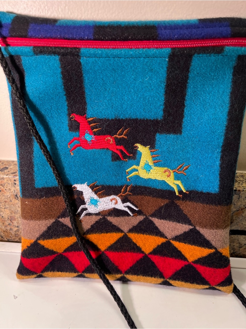 Horse Blanket Wool Embroidered Crossbody or Shoulder Bag 8”x10”